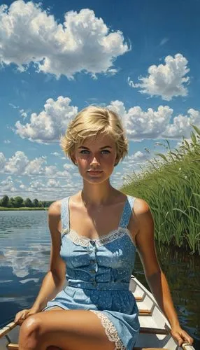 girl on the boat,the blonde in the river,girl on the river,marilyn,girl lying on the grass,blonde woman,marylyn monroe - female,girl in a long,boat landscape,girl with bread-and-butter,rowing dolle,floating on the river,paddler,young woman,row boat,surrealism,girl with a wheel,girl sitting,woman sitting,oil painting,Illustration,Realistic Fantasy,Realistic Fantasy 03