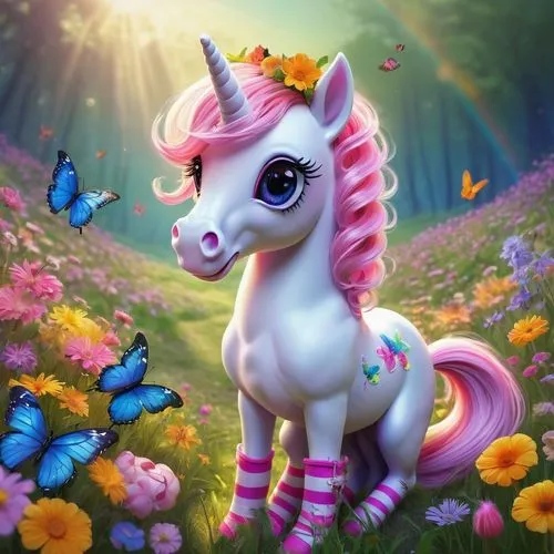 My Little Pony AI, magical pony, pastel colored mane, sparkly tail, cute pony face, big shiny eyes, pink nose, flower crown, rainbow striped socks, hoof shoes, sitting on a mushroom, in a vibrant mead