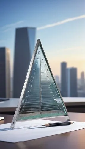 Architectural triangle ruler, precise instrument, stainless steel material, matte finish, ergonomic design, comfortable grip, angular shape, detailed texture, urban cityscape, modern skyscraper, glass