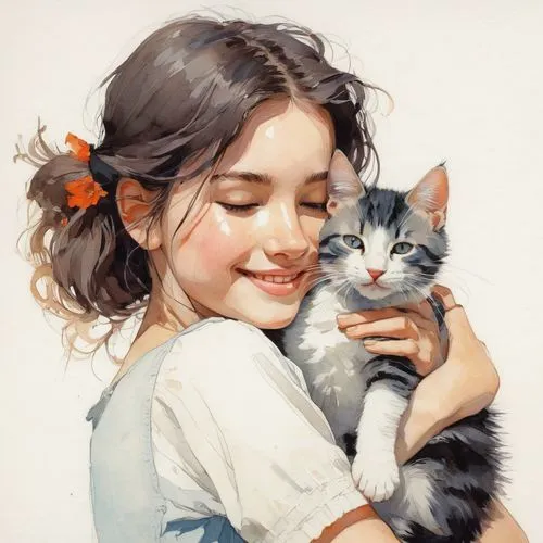 tenderness,cat lovers,little boy and girl,vintage boy and girl,child portrait,romantic portrait,cute cat,oil painting,kitten,sweetness,young cat,little cat,childs,calico cat,cat love,selanee henderon,tender,white cat,carol colman,kitty,Illustration,Paper based,Paper Based 19