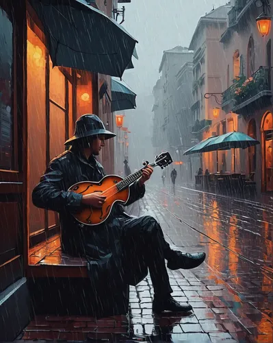 jazz guitarist,violin player,itinerant musician,street musician,man with umbrella,buskin,musician,violinist,guitar player,cavaquinho,classical guitar,arpeggione,man with saxophone,serenade,cellist,italian painter,accordion player,solo violinist,violist,street music,Conceptual Art,Fantasy,Fantasy 32