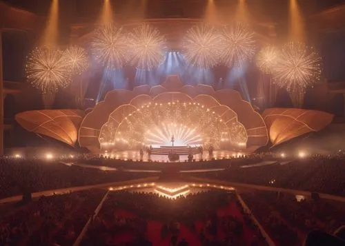 An open stage, and the performers come out and dance on separate stages in the middle of the audience, while maintaining the boundaries of the sketch,circus stage,philharmonics,musical dome,royal albe