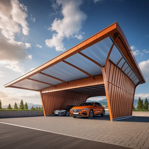 Create a car shed featuring a roof design inspired by airplane wings, providing both shelter and a visually striking architectural element,folding roof,underground garage,garage,hyundai veloster,autom