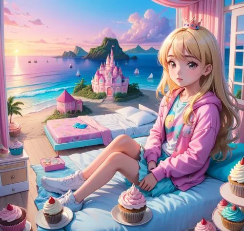 Teenage girl, sitting in a cupcake inspired bedroom with a queen sized bed, pastel colours, blond and pink hair,a girl sitting on a couch next to cakes and cupcakes,pacifica,candy island girl,kokoro,k