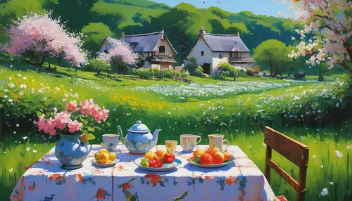 springtime background,still life of spring,spring morning,picnic,spring background,spring greeting,tearoom,flower painting,home landscape,cream tea,cottage garden,tea party,in the spring,summer day,springtime,in the early summer,breakfast table,summer still-life,spring,idyllic,Conceptual Art,Oil color,Oil Color 19