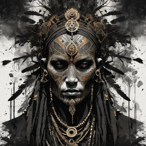 (splatter ink drawing, Russ Mills style:1.2), dark western fantasy setting, (intense and emotional:1.3), dark Indian alien humanoid shaman with a weathered face, adorned in tattered robes, carrying et