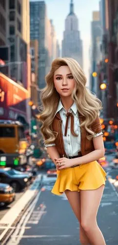 In the heart of bustling New York City, a vibrant and playful caucasian girl named Sarah Viva da Vinci is captured in a stunning aerial view. Her blonde hair is swept back in a warm brown curl, and sh