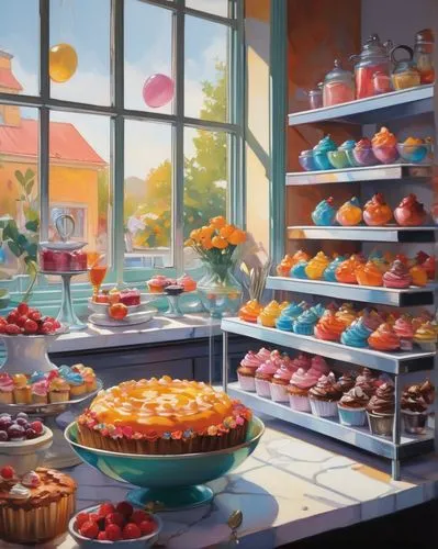 pastry shop,pastries,bakery,cake shop,sweet pastries,pâtisserie,confectioner,confectionery,tearoom,sweetmeats,kitchen shop,candy shop,desserts,cake buffet,confection,candy store,fruit stand,thirteen desserts,party pastries,candies,Conceptual Art,Oil color,Oil Color 04
