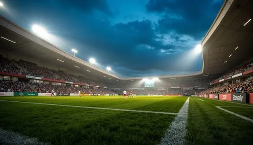 Stadium atmosphere, lush green grass, athletic tracks, sports equipment, goalposts, floodlights, LED lighting, warm color temperature, high-contrast ratio, dramatic shadows, dynamic movement, fast-pac