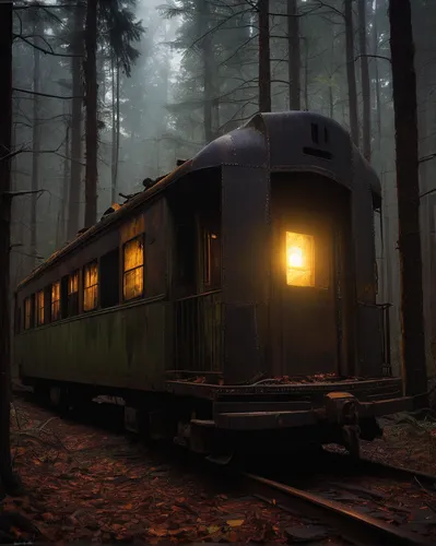 Explore the mystery of an abandoned rail car in a dark forest.,wooden train,brocken railway,wooden railway,ghost train,railroad car,green train,old train,disused trains,electric train,passenger train,