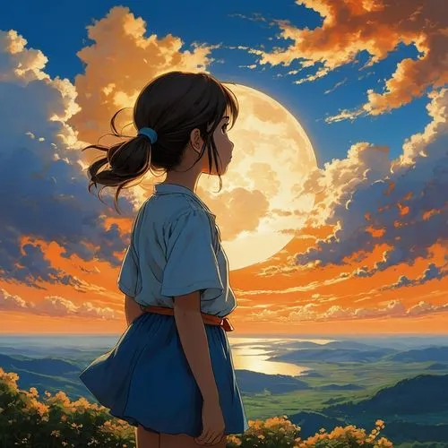 ghibli,moonrise,studio ghibli,cielo,moon and star background,lunar,sky,hanging moon,dusk,miyazaki,horizon,suzumiya,tsukiko,dusk background,escapism,azumanga,kururi,takahata,moon night,inuyasha,Illustration,Japanese style,Japanese Style 14