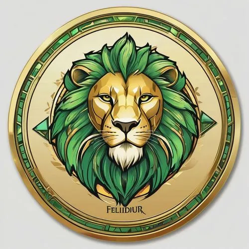 Fantasy emblem logo for gaming token depicting a powerful anthropomorphic lion king,human body (including the word "Felidur"),luxury legendary token,golden border and golden and light green tones,illu