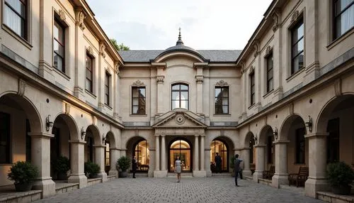 Elegant school building, symmetrical fa\u00e7ade, ornate columns, carved stone details, grand entrance archways, classical pediments, rusticated bases, limestone walls, slate roofs, decorative cornice