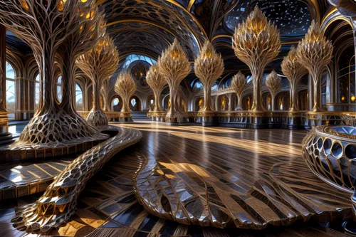 mandelbulb,ornate room,fractals art,patterned wood decoration,alcazar of seville,3d fantasy,fractal environment,celtic tree,wood art,royal interior,hall of the fallen,islamic architectural,carved wood,king abdullah i mosque,gothic architecture,fractalius,ornamental wood,fractal art,decorative art,islamic pattern