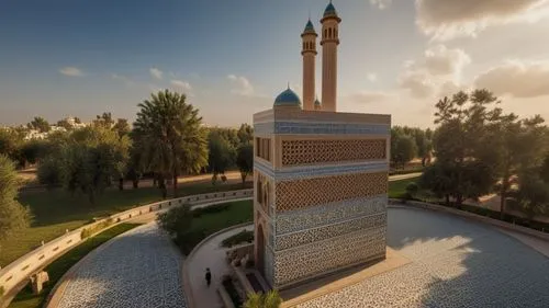 "Design this building in the style of Iranian mosques, incorporating traditional elements such as intricate tile work, large domes, slender minarets, and grand iwans. The architecture should reflect t