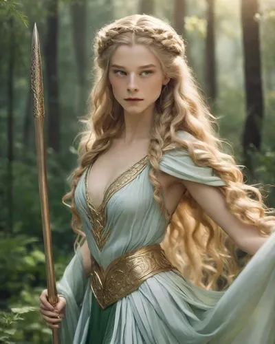 Emma D'Arcy like sorceress, warrior Armor, ancient greece, forest, Magic and sword. Long rapunzel hair, green greek dress,a beautiful lady in the woods in white dress,margairaz,frigga,margaery,galadri