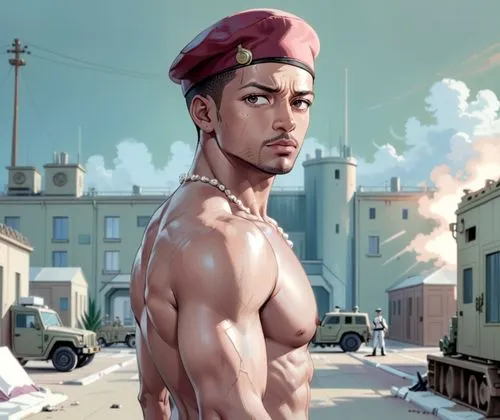 shirtless red Military   beret wearing charlie barnett,military  base, eye black under eye, change his pose into front view,this is an image of a guy without shirt and hat,steamboy,huey,maccready,ilaj