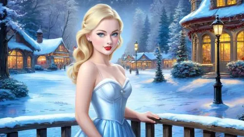 Romantic masterpiece oil painting, cute girl portrait, nostalgic 1950's style kitsch, breathtaking beautiful winter kingdom landscape, majestic fantasy scenery, evening lighting, highly detailed highr