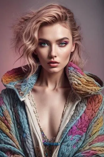 colorful fashion portrait, inspired by fashion photographer, low contrast cold color palette, mode fashion look, high fashion pose,a woman with a blue eyes and blonde hair wearing a jacket,evgenia,per