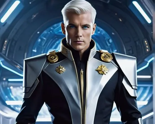 Admiral AI, futuristic sci-fi, male, strong facial features, short white hair, blue eyes with a hint of glow, metallic silver coat with gold accents, high-ranking badges, formal black pants, shiny bla