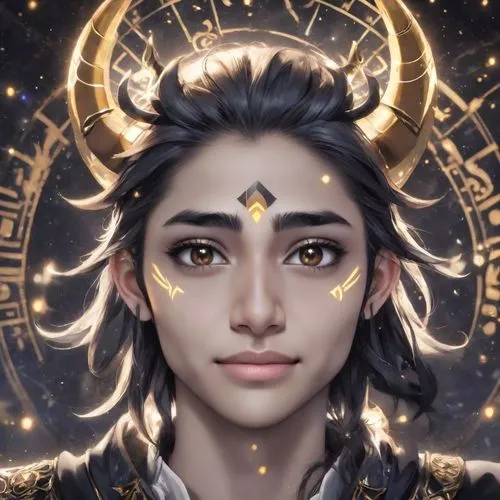 a painting of a woman with horns and horns on,zodiac sign libra,nakshatras,zodiac sign gemini,lakshmi,ardhanarishvara,kartikeya