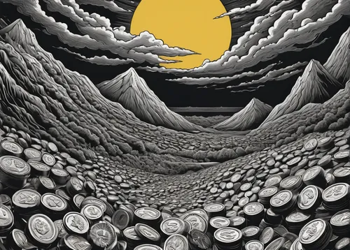 lunar landscape,coins,silver coin,coins stacks,book illustration,moonscape,cool woodblock images,coin,silver dollar,woodblock prints,sci fiction illustration,the ethereum,litecoin,bitcoins,nepalese rupee,book cover,valley of the moon,tokens,cents,windfall,Illustration,Black and White,Black and White 18