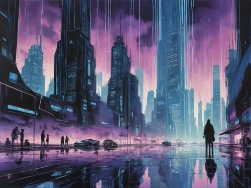 Futuristic cityscape, cyberpunk architecture, sleek skyscrapers, neon lights reflecting off wet pavement, rainy night, misty atmosphere, distant towering holographic advertisements, flying cars zoomin