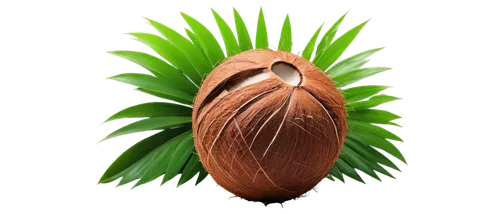 Brown coconut, solo, realistic, detailed texture, rough surface, green leaves, tropical atmosphere, warm lighting, shallow depth of field, 3/4 composition, close-up shot, soft focus, vibrant color ton