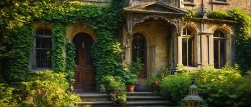 Victorian house, ornate facade, brick walls, steeply pitched roof, dormer windows, intricate wooden door, heavy drapery, lace curtains, vintage lantern, stone steps, lush greenery, climbing vines, ove