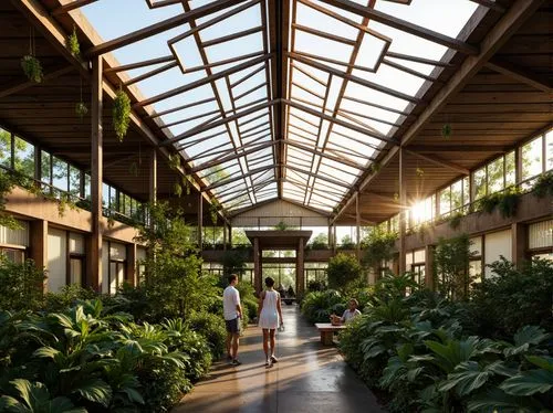 Natural ventilation, clerestory windows, solar-powered fans, evaporative cooling systems, shading devices, misting systems, green roofs, living walls, tropical plants, warm natural light, soft shadows