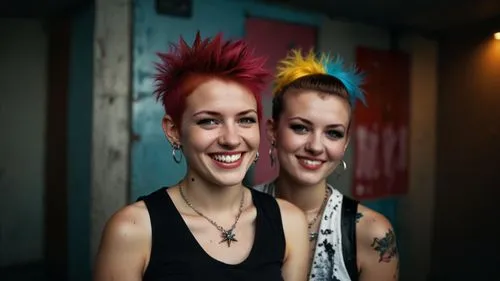 two girls,redheads,punk,mohawk,pixie-bob,sisters,smiley girls,punk design,young women,mohawk hairstyle,beautiful photo girls,hierochloe,lis,joint dolls,duo,beautiful women,portrait photographers,photo shoot for two,background bokeh,pretty women