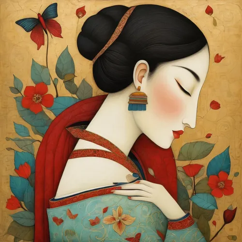 geisha girl,japanese art,geisha,japanese woman,oriental girl,mari makinami,oriental painting,oriental princess,art deco woman,chinese art,junshan yinzhen,janome chow,han thom,oriental,shirakami-sanchi,mulan,red petals,japanese floral background,jasmine blossom,asian woman,Art,Artistic Painting,Artistic Painting 29