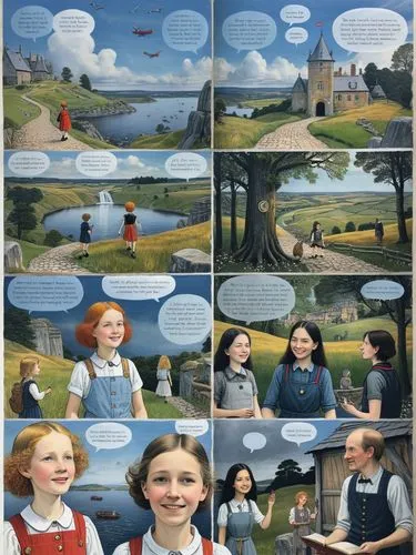 Become part of our adventurous comic page and experience the exciting story! With English text in boxes, speech and thought bubbles.,children are smiling and talking about a painting,comic speech bubb