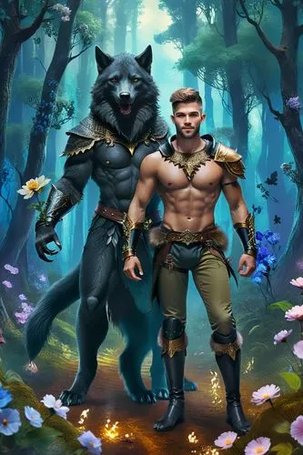 In an enchanted forest where the forest floor is covered with translucent flowers of varying colors, a fur-covered black werewolf holds up a flower to his male companion. The werewolf has digitigrade 