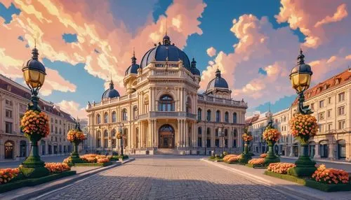 Bucharest design, architecture, historic building, grandiose facade, ornate details, intricate stonework, Baroque style, golden domes, symmetrical composition, morning light, soft shadows, vibrant flo