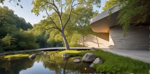 zumthor,3d rendering,fallingwater,house with lake,huayi,render,ryokan,japanese zen garden,house by the water,japanese garden,asian architecture,river bank,amanresorts,zen garden,adjaye,virtual landscape,landscaped,renders,archidaily,corten steel,Photography,General,Realistic