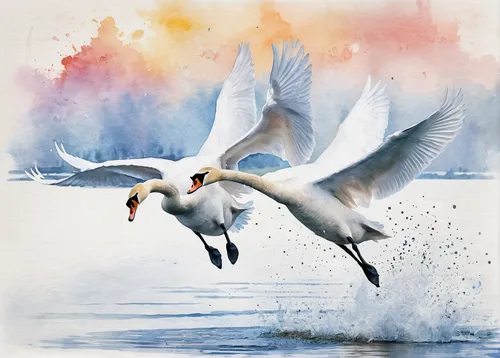 snow goose,trumpeter swans,swan pair,tundra swan,trumpeter swan,fujian white crane,black headed gulls,mute swan,arctic birds,constellation swan,larus,canadian swans,watercolor painting,white swan,swans,swan lake,migratory birds,watercolor bird,water birds,gulls,Illustration,Paper based,Paper Based 25