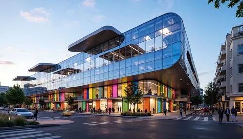 mvrdv,morphosis,glass facade,glass building,multistoreyed,villeurbanne,danube centre,levallois,glass facades,nanterre,modern building,landestheater,multiplexes,jussieu,citycenter,zeil,colorful facade,architekten,julliard,vallois