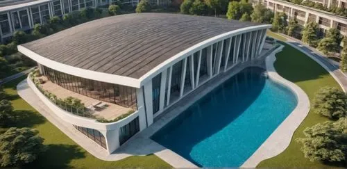 with one semicircle pool and one rectangular pool ,an aerial view of the inside of a building with a large pool,zhengzhou,blavatnik,yangzhou,xuzhou,kunshan,zhangzhou