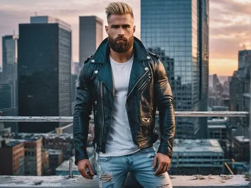 Muscular man, ultimate Chad, strong facial features, chiseled jawline, piercing blue eyes, messy blond hair, thick beard, ripped chest, bulging biceps, tight waist, powerful legs, black leather jacket