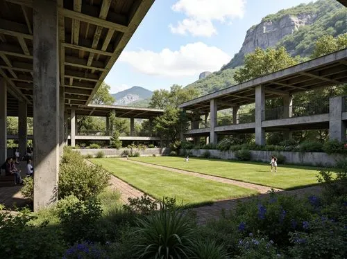 Rugged sports field, brutalist architecture, exposed concrete structures, industrial steel beams, weathered wooden accents, lush greenery integration, natural stone walls, vibrant wildflowers, meander