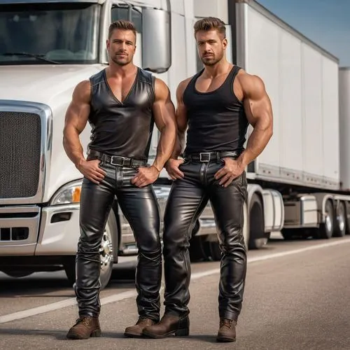 a truck driver and his boyfriend wearing leather pants with powerful muscles at a rest stop on the highway with their semi ,large trucks,semitrailer,truck driver,18-wheeler,trucks,trucker,tractor trai