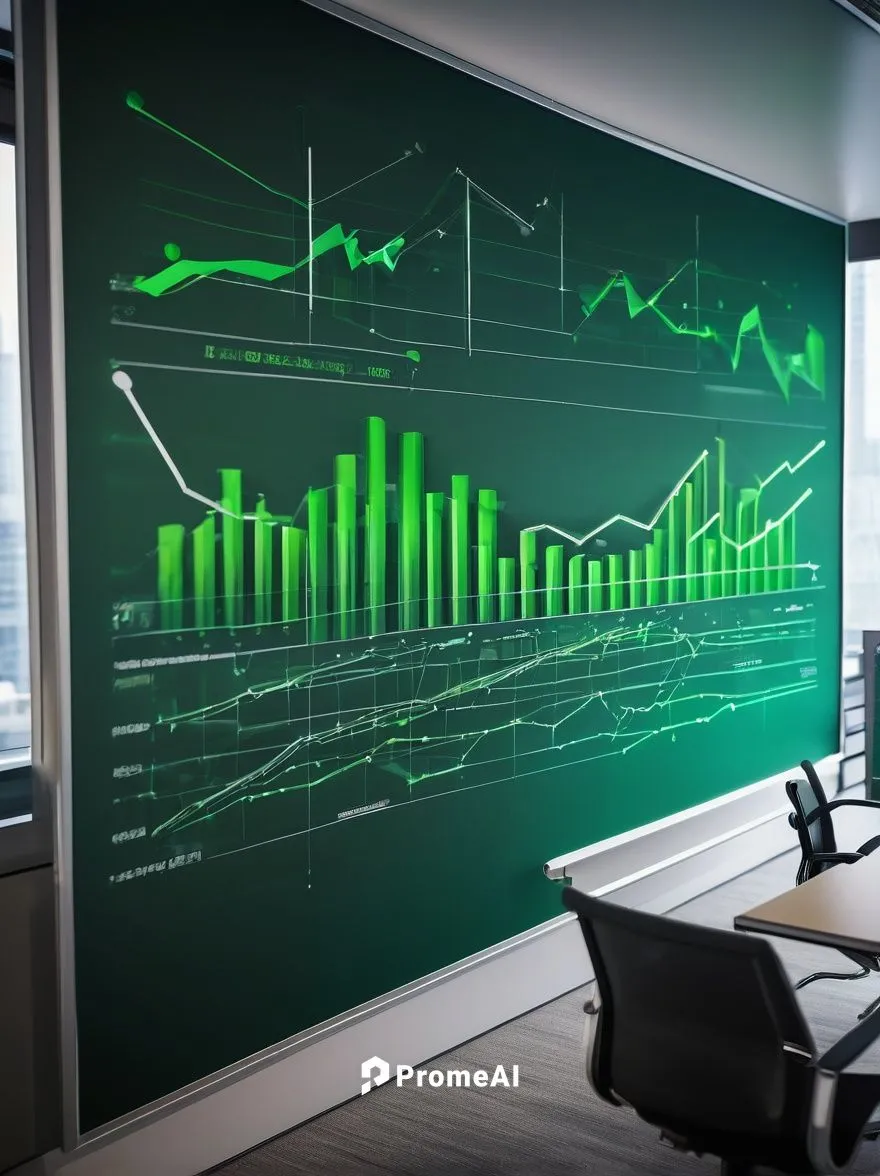 Analytical chart, business diagram, green arrow, upward trend, growth indicator, data analysis, 3D visual representation, metallic background, futuristic lighting, high-tech ambiance, corporate settin