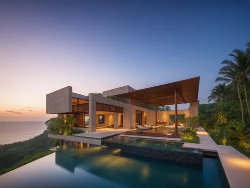 a resort house, winning award architecture, ourdoor space, stone cladding, infinity pool, landscape yard, design by Ernesto Bedmar Architects, tropical environment background, sunset: 1.5, stand alone