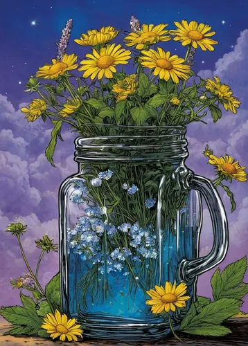 sunflowers in vase,glass jar,aromatic aster,blue daisies,chamomile,flower vase,flowers in wheel barrel,honey jar,potted flowers,forget-me-nots,rain barrel,glass vase,flowers png,flower painting,flower illustrative,glass painting,honey jars,pot marigold,perennials-sun flower,mason jar,Illustration,American Style,American Style 02