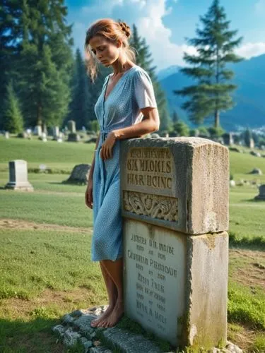 Grieving woman,a woman stands next to a tombstone,epitaphs,epitaphios,epitaph,crewdson,graveside,gravesites,Photography,General,Realistic