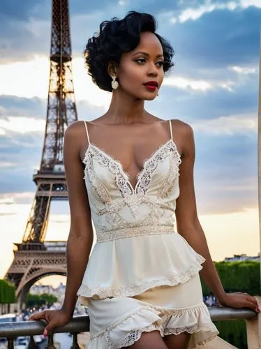 tiana,eiffel,paris,eiffel tower,african american woman,bridal clothing,the eiffel tower,universal exhibition of paris,vintage fashion,paris balcony,beautiful african american women,vintage woman,french valentine,bridal dress,eiffel tower french,vintage women,maria bayo,girl in white dress,white dress,vintage lace