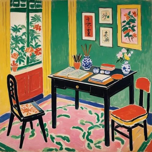 A traditional Japanese study room with a desk, chair, brushes, books, and a decorative fan.,an oil painting of two chairs and a desk,matisse,bawden,derain,fauvist,fauvism,hockney,Art,Artistic Painting