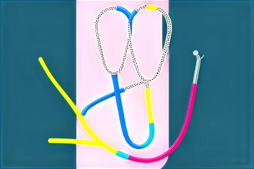 Stethoscope doodle, cartoon style, colorful, rounded shapes, simple lines, minimal details, playful expression, shiny metal surface, soft rubber tubing, 3D illustration, bright colors, whimsical compo