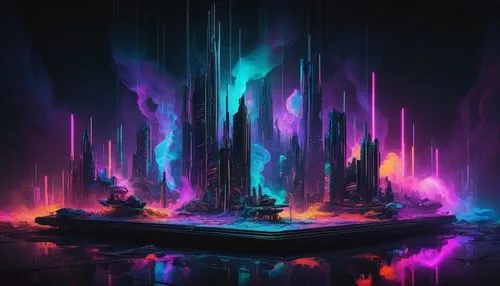 Unstable, abstract, surreal, dreamlike atmosphere, misty fog, glowing neon lights, vibrant colors, distorted shapes, melting objects, fluid dynamics, swirling patterns, abstract sculpture, futuristic 